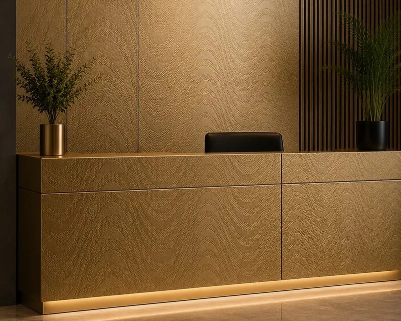 Reception clad in gold stainless steel with an etched wave pattern